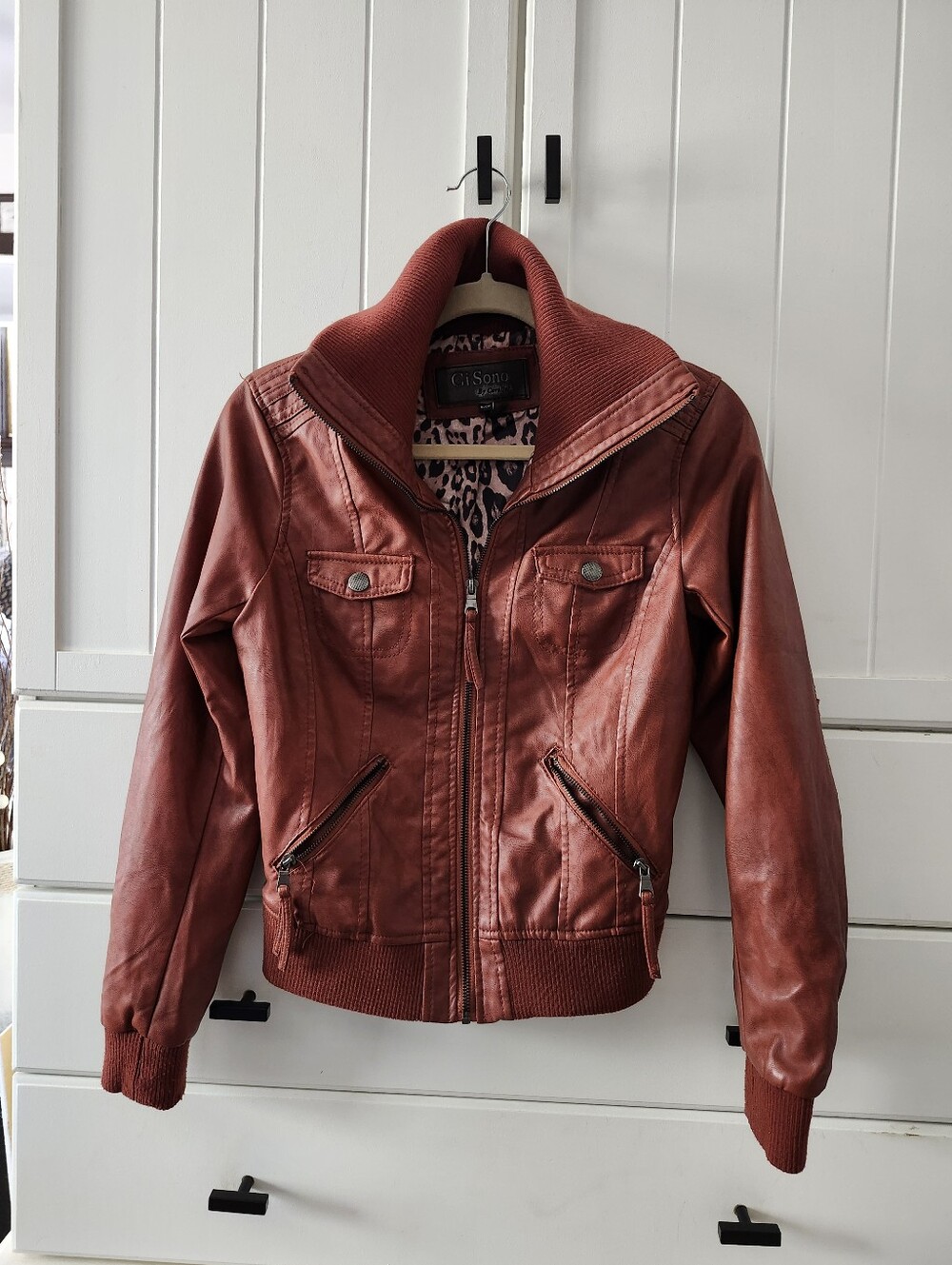 Ci Sona Burnt Orange Faux Leather Bomber Jacket Sz S